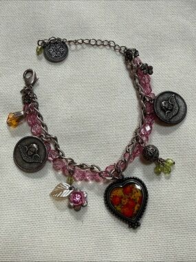 Avon Silver Chain Pink Beaded Hearts Flowers and Angels Charm Bracelet